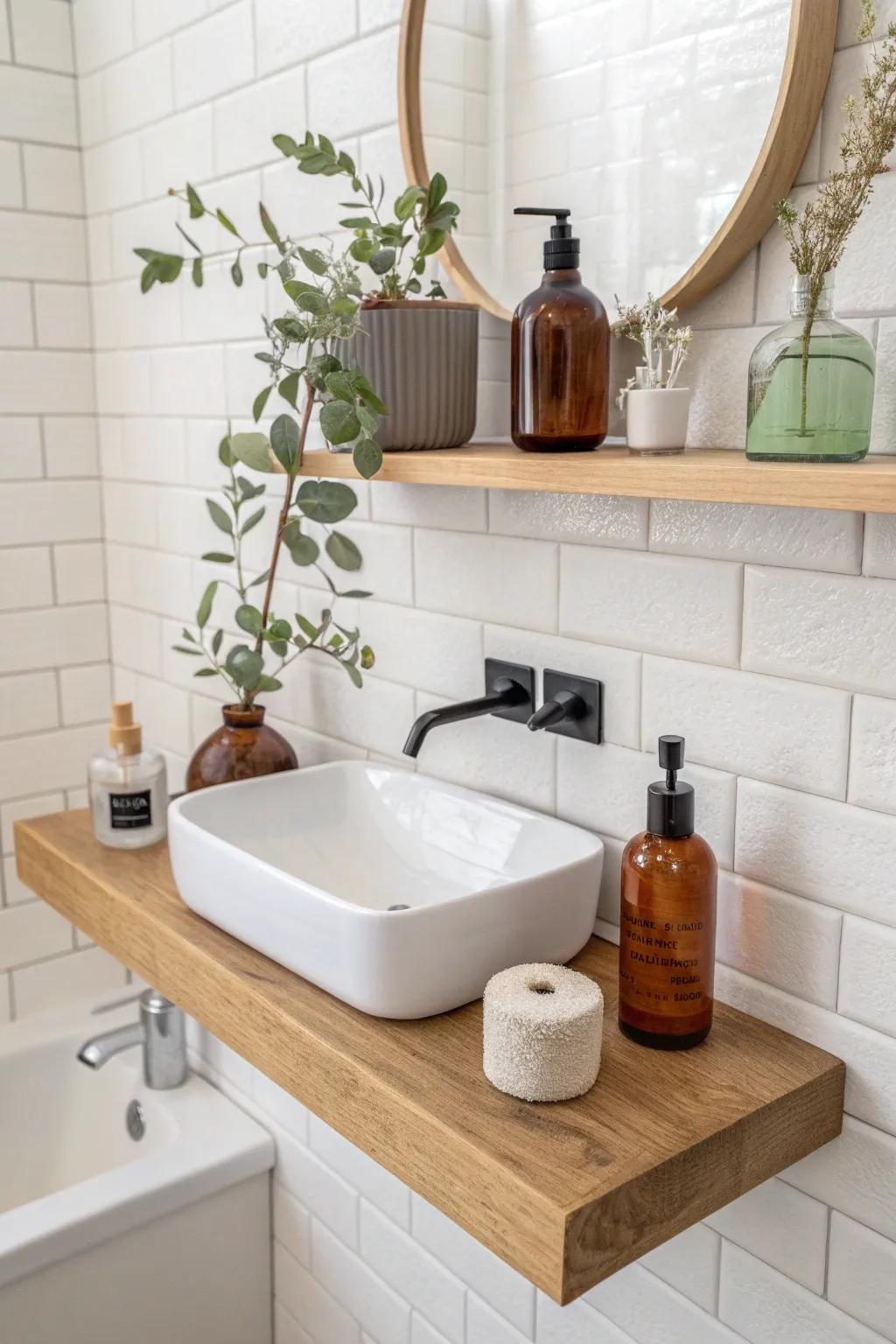 One long floating shelf above the sink keeps a tiny bathroom airy and beautifully organized.