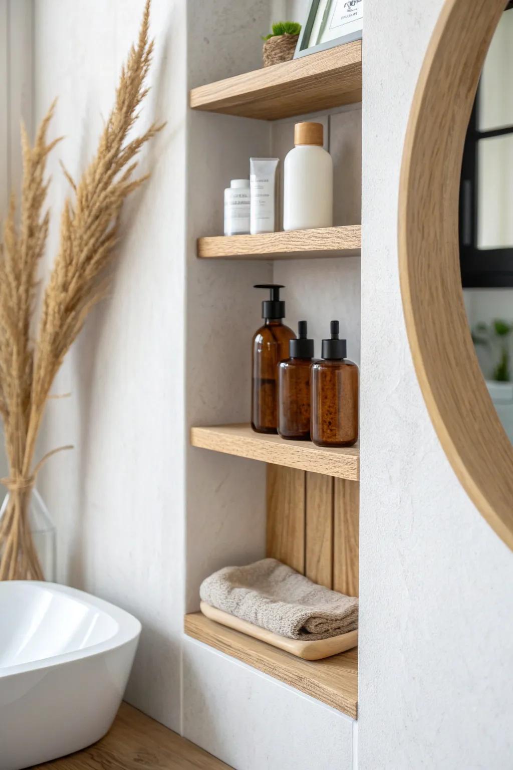 A recessed vanity nook keeps skincare within reach while the countertop stays calm and clear.