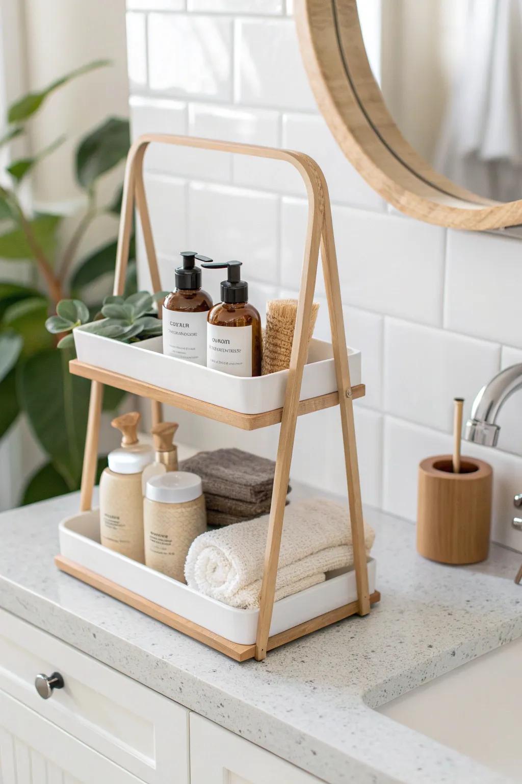 A two-tier counter caddy doubles bathroom storage—skincare up top, backups tucked below.