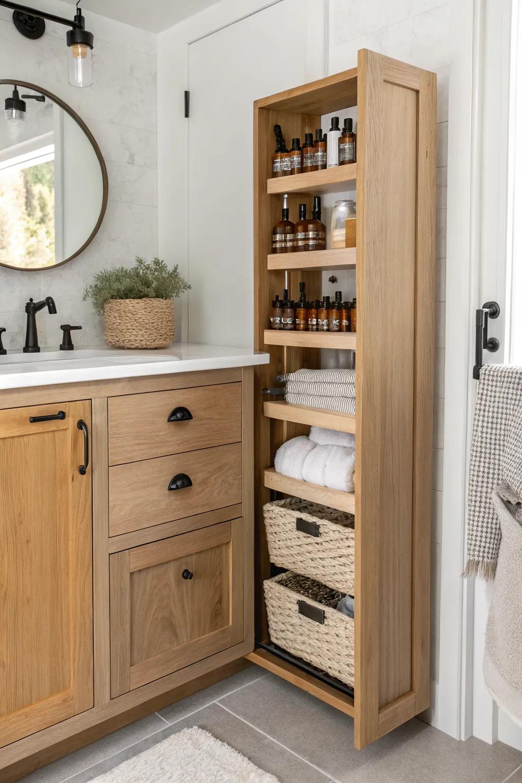 Slim pull-out pantry cabinet: the prettiest way to store bottles and extras in a tight gap.