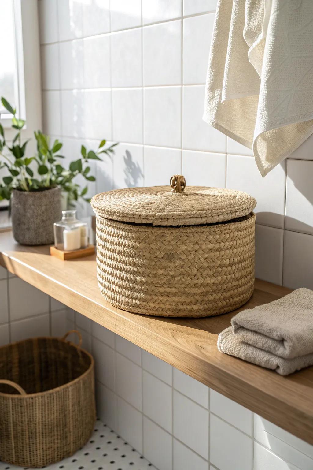 Tame bathroom shelf clutter with matching woven baskets—pretty, practical, and perfectly minimal.