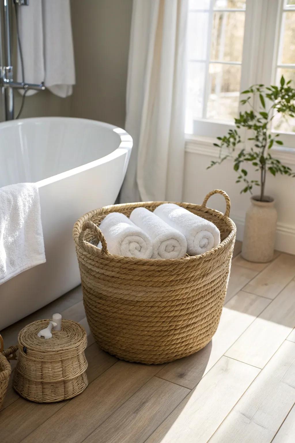 Spa-like corner towel basket by the tub—rolled towels, woven texture, zero clutter.