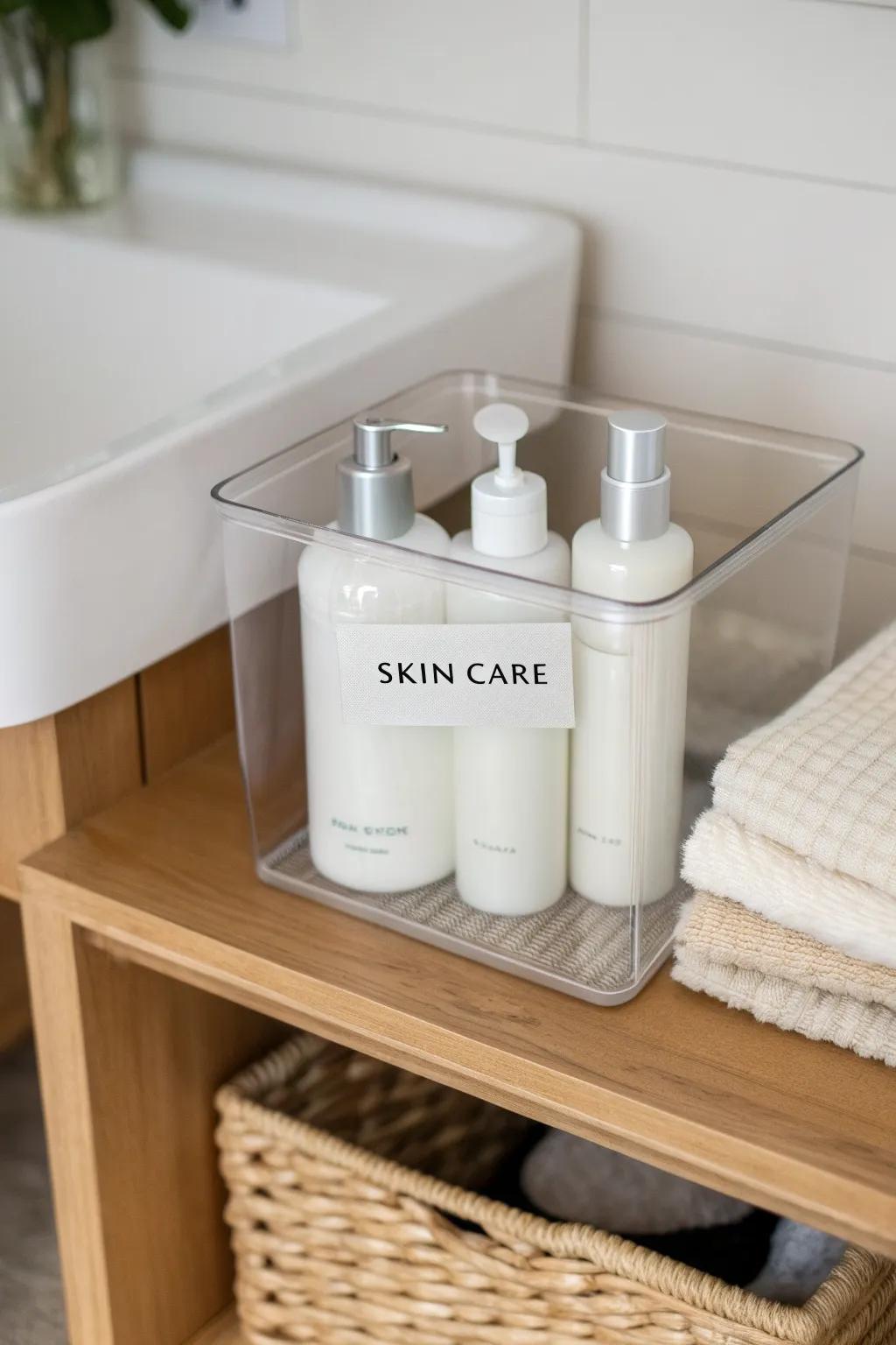 Clear labeled bin = instant calm: sort vanity essentials so you see everything at a glance.