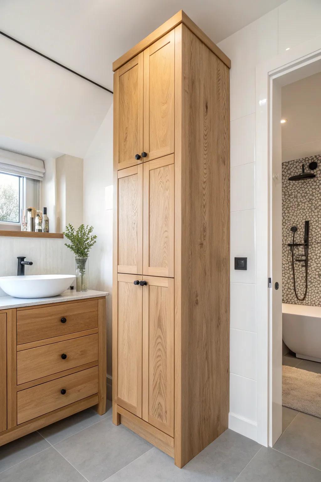 Floor-to-ceiling vanity tower with simple top trim—tiny bath, custom built-in impact.
