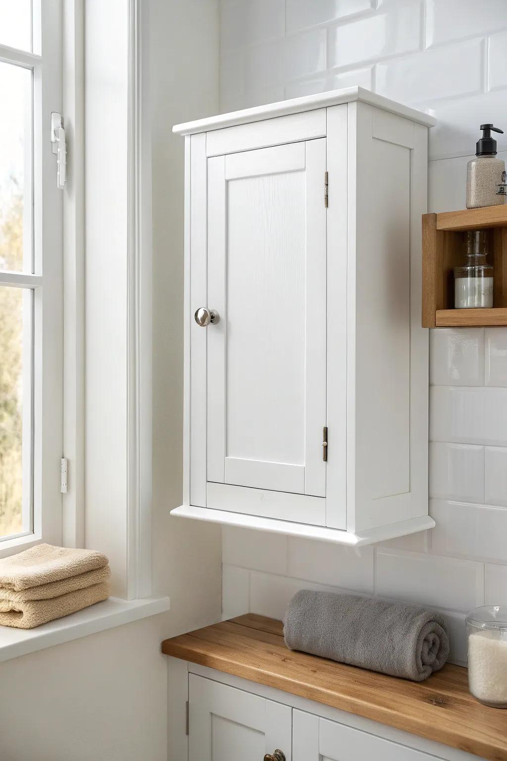 A classic white wall cabinet that instantly brightens a small bathroom and keeps it serene.