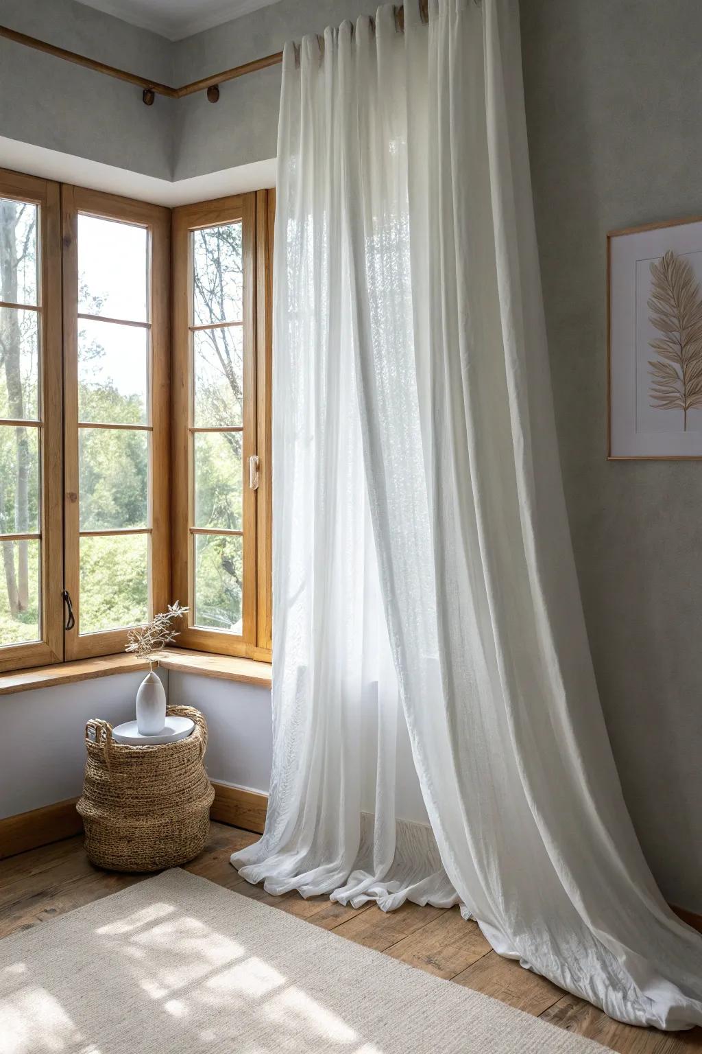 Sheer linen panels soften a bay window view while keeping a small nook bright and spacious.