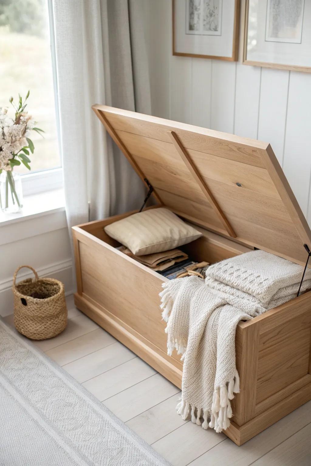 Lift-up bay window bench: hidden storage for bulky bedding in a bright, minimalist nook.