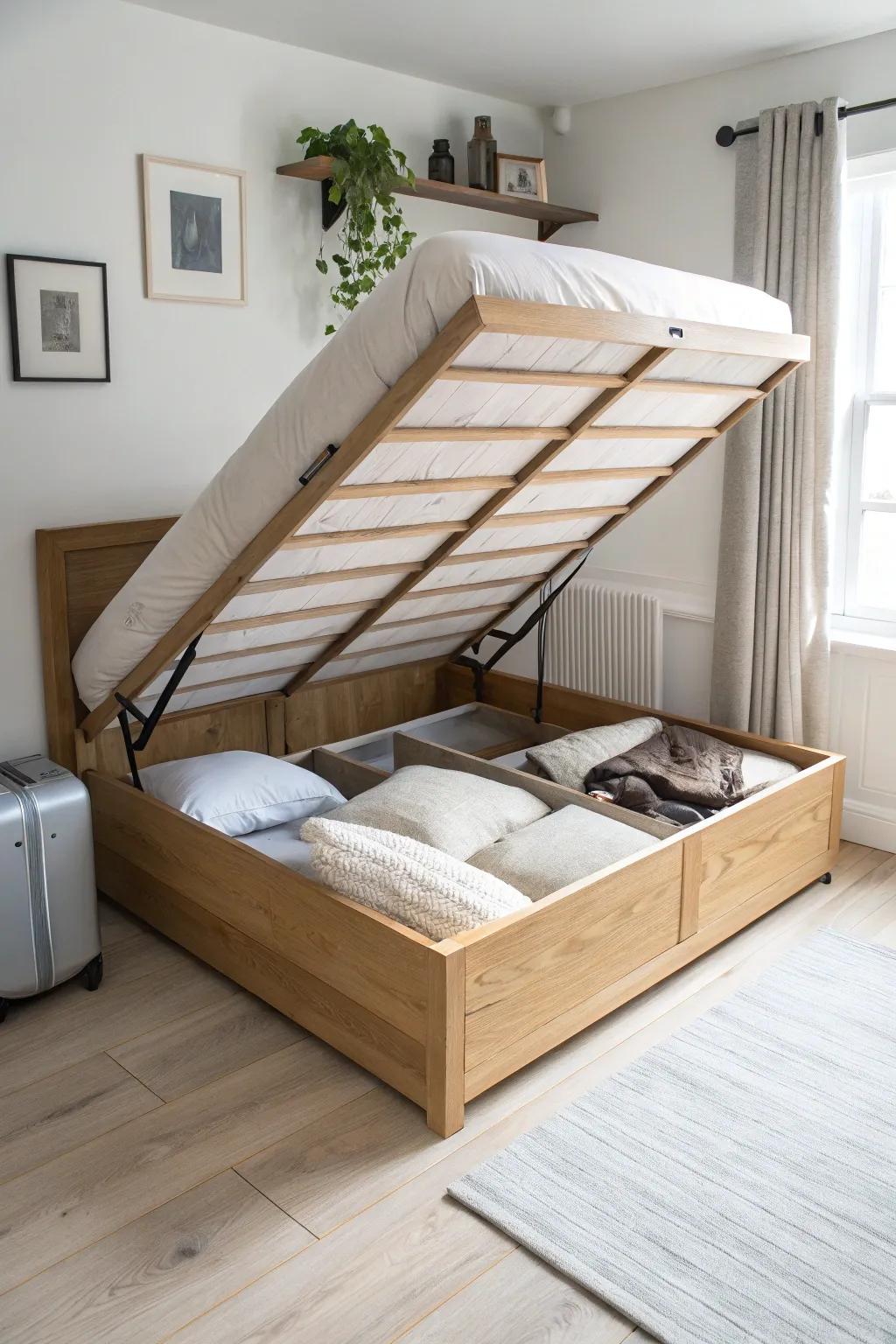 Lift-up storage base: hide bulky bedding and suitcases for a calmer, clutter-free bedroom.