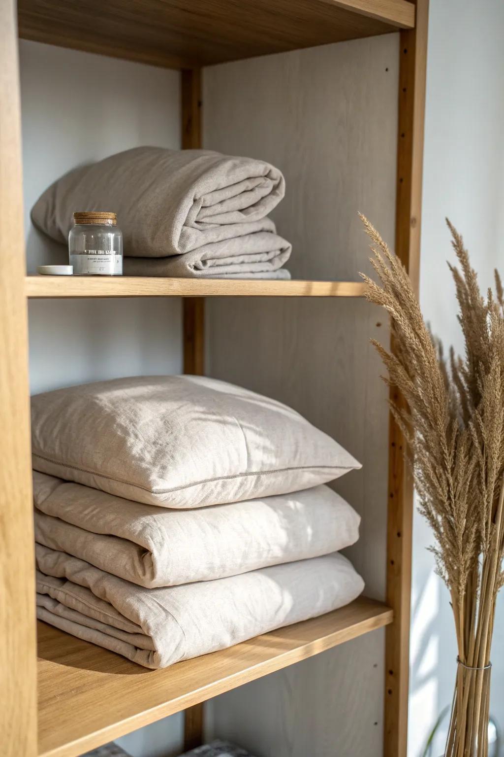 Store each bedding set as one tidy bundle—sheets tucked inside the matching pillowcase.