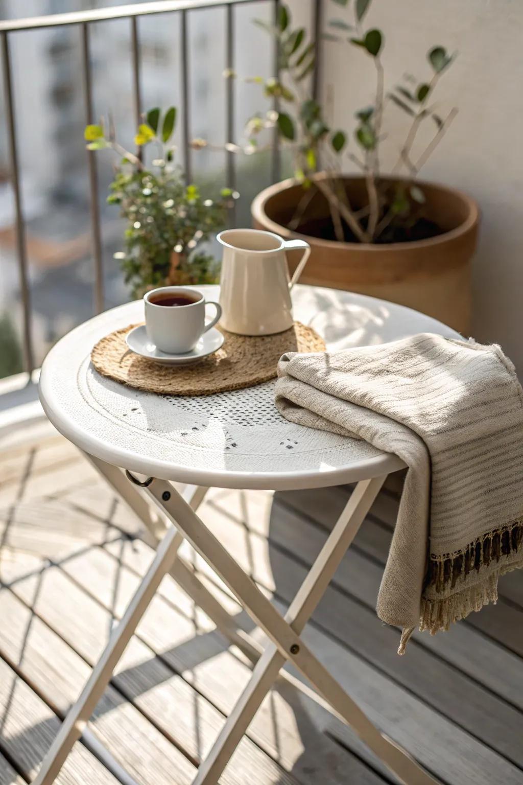 Tiny balcony, big ritual: a slim folding bistro table made for quiet morning coffee.