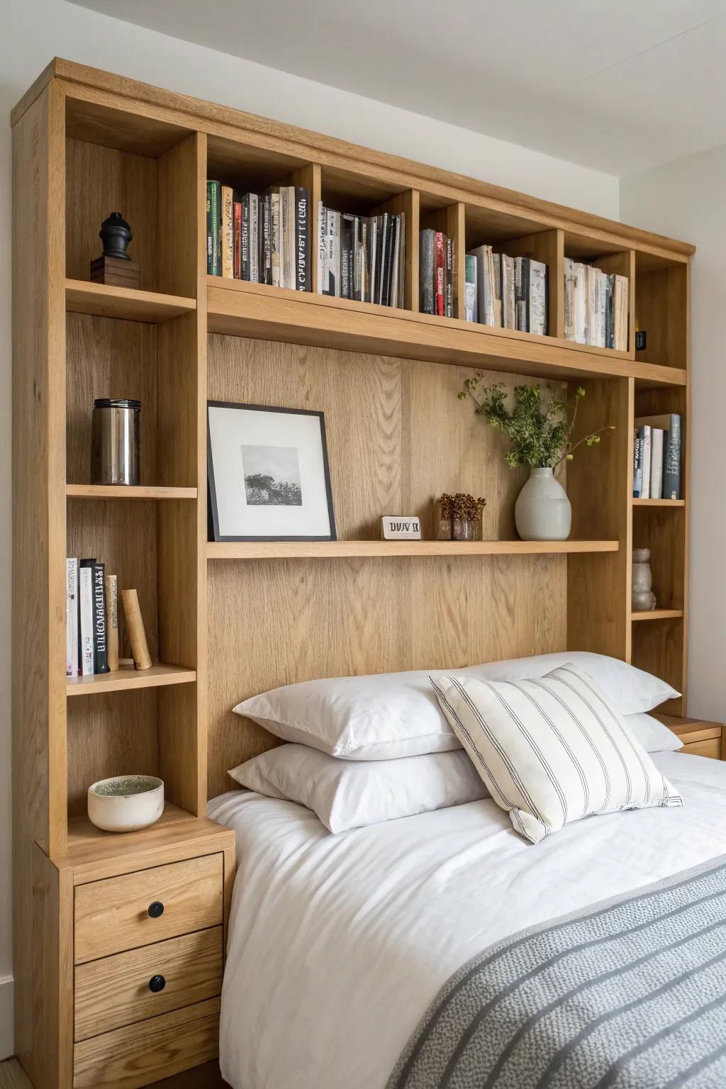 Over-the-bed bridge shelf: airy storage that spans your bed without stealing any floor space.