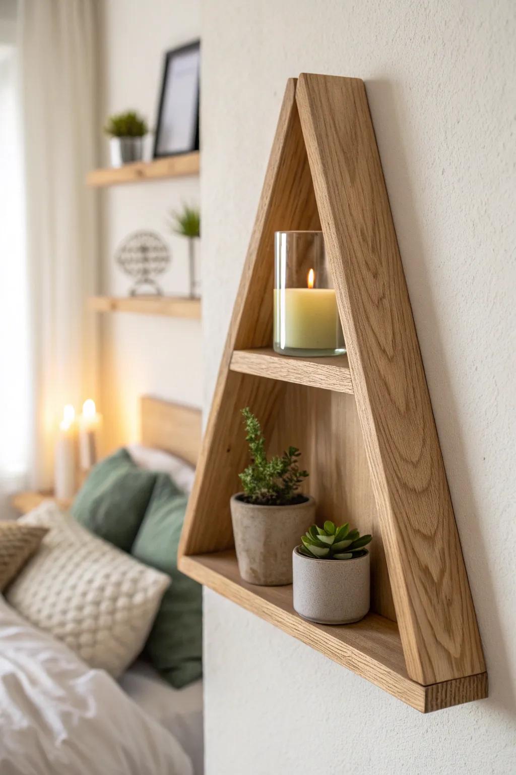 Tiny triangle corner shelf: one plant + one candle for a clean, cozy bedroom moment.