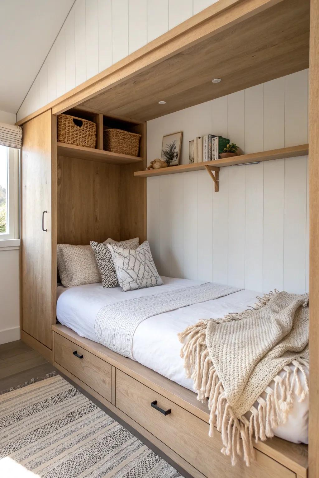 A closet conversion sleeping cubby with a slim built-in shelf—minimal, warm, and cozy.