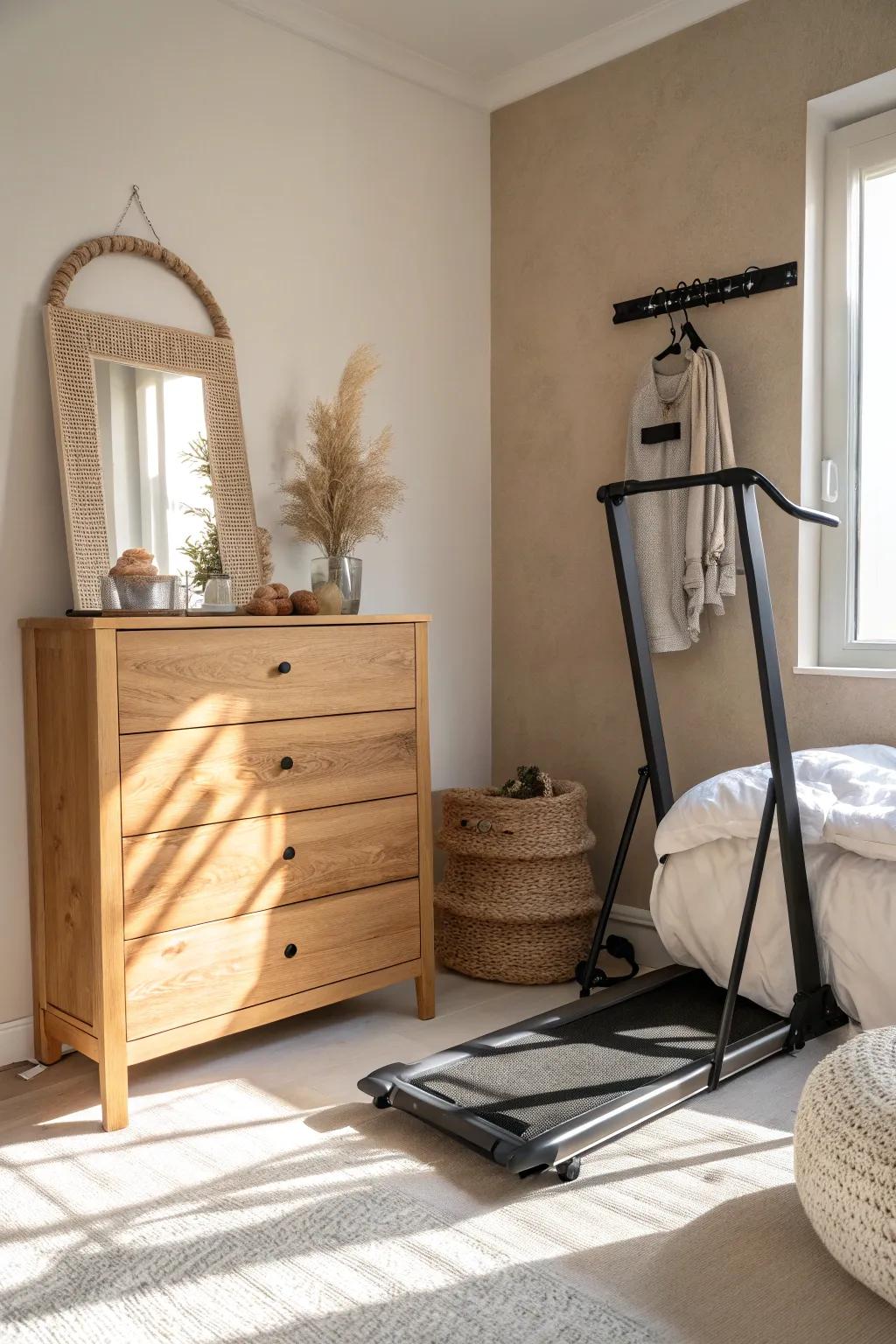 Foldable treadmill stored upright—easy cardio without sacrificing your calm, minimalist bedroom.