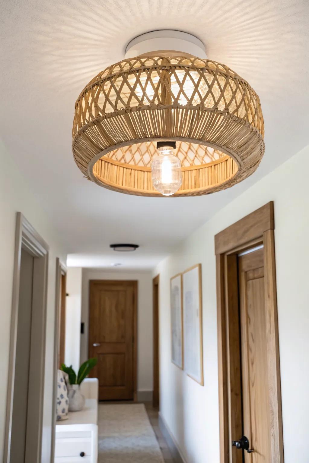 Swap a basic ceiling light for a low-profile statement fixture—instant hallway glow-up.