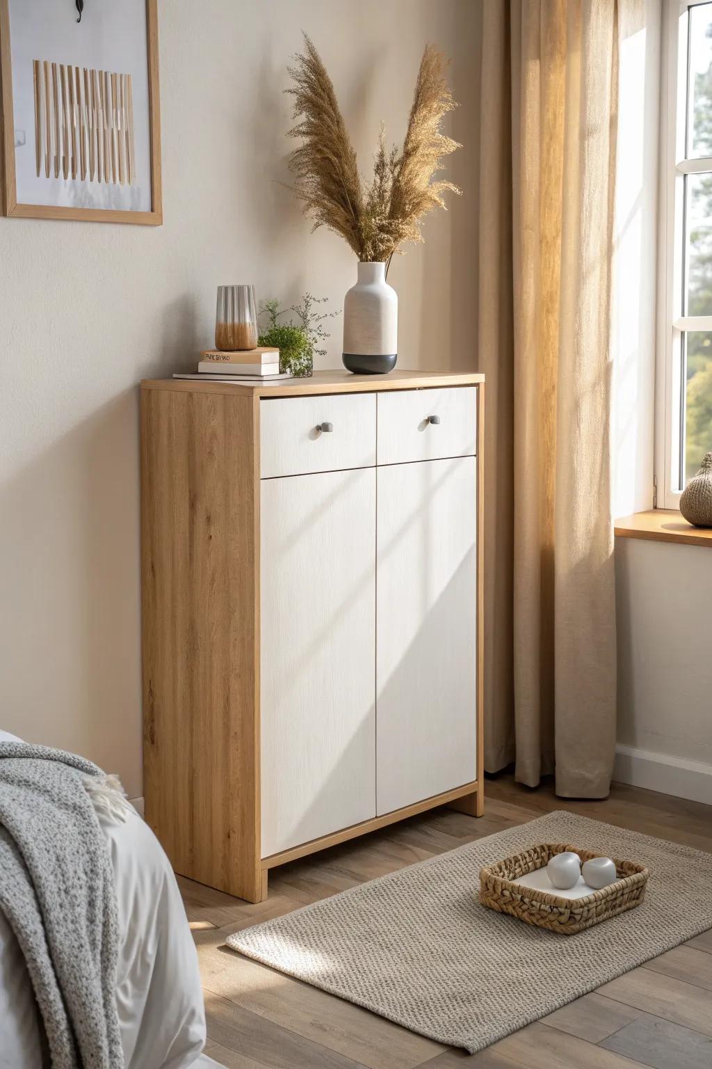 A slim tilt-out cabinet that hides shoes while the top doubles as a chic mini console.