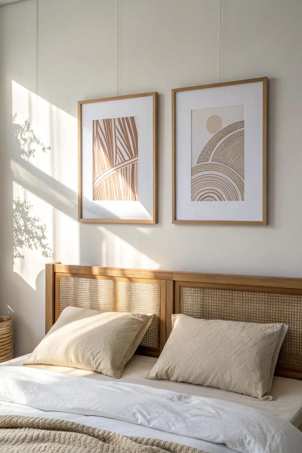 Two matching frames side by side for an instantly calm, symmetrical bedroom wall moment.