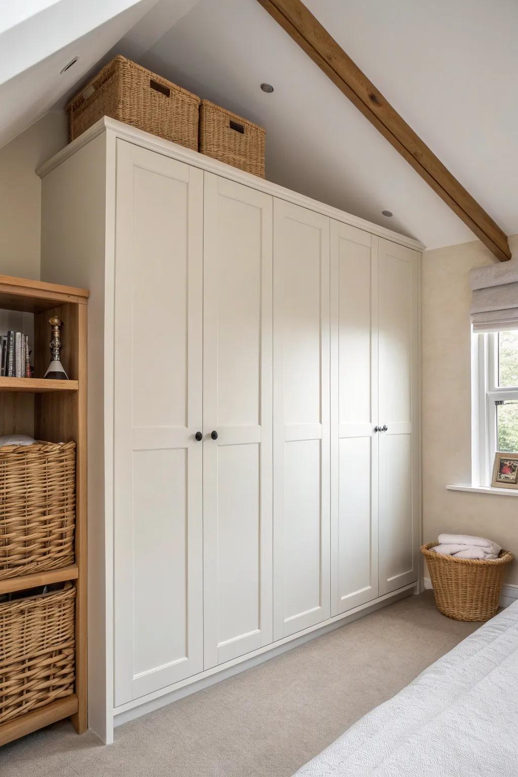 Floor-to-ceiling wardrobe that fakes a built-in look—sleek, seamless, and clutter-proof.