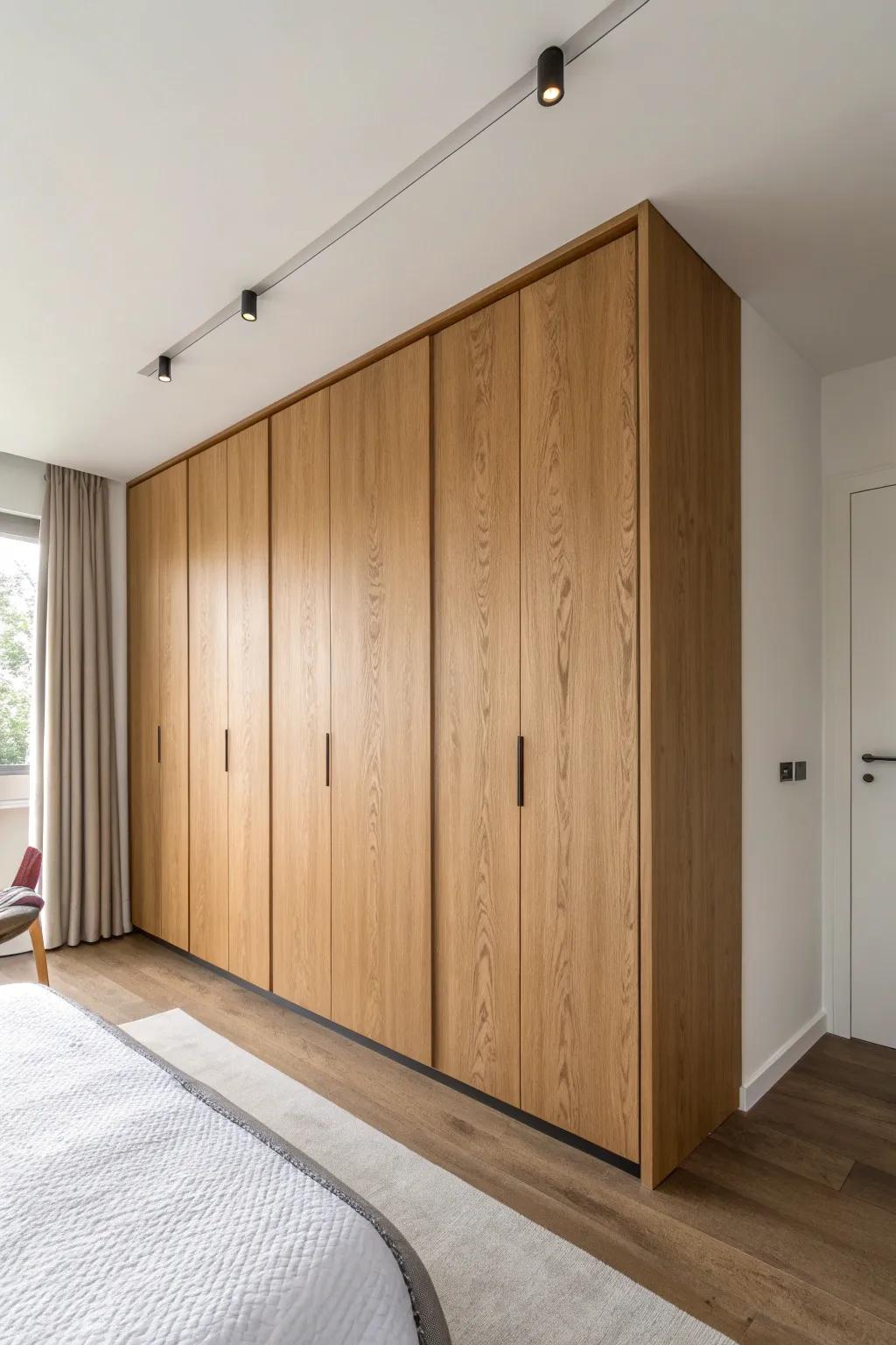 Wall-to-wall, handleless wardrobe that blends into the wall—custom calm that makes small bedrooms feel bigger.