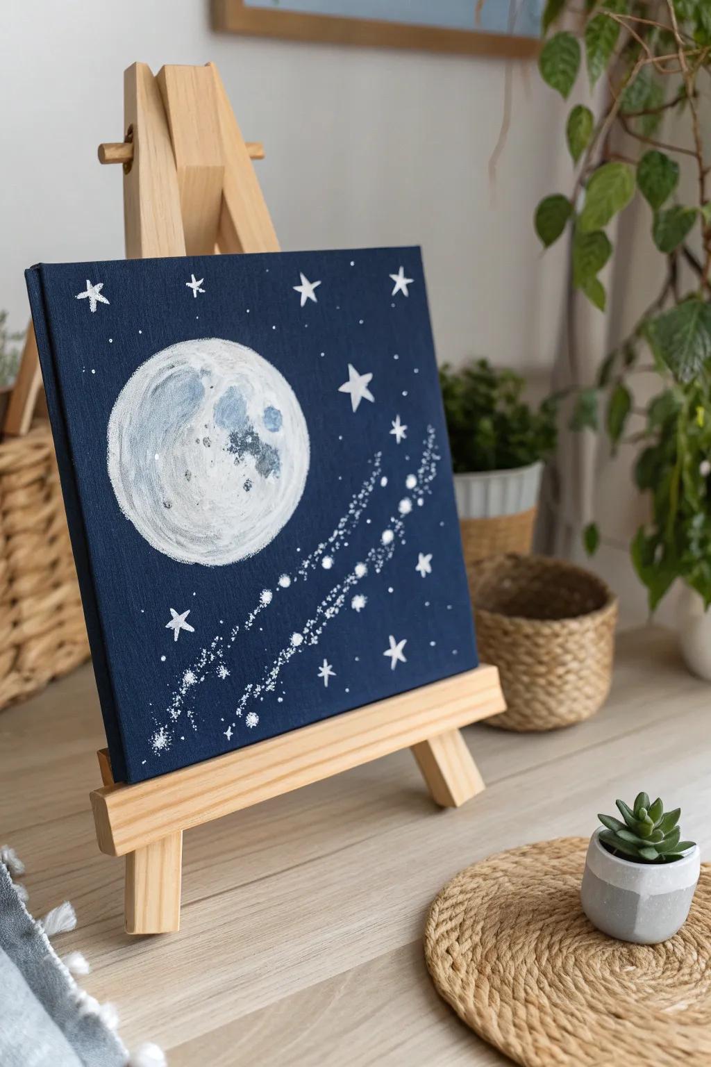 Capture the cosmos with a touch of simplicity and boho flair. Perfect for beginner painters!