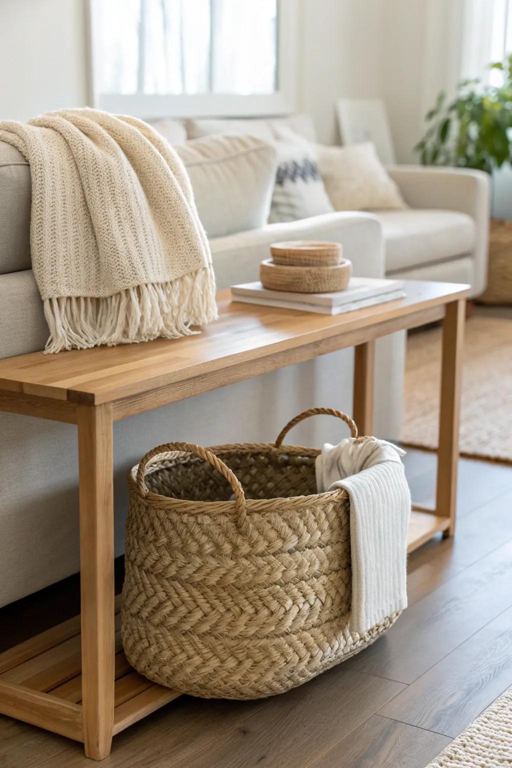 A woven basket under the sofa table hides throws and keeps small spaces effortlessly tidy.