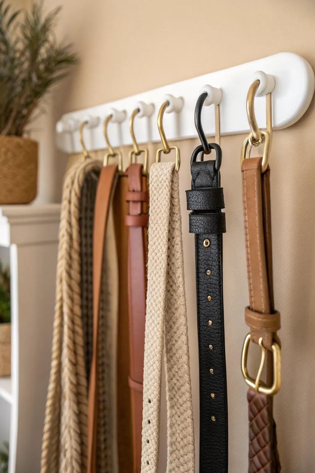Turn a spare closet rod into a chic belt “library” with simple S-hooks—small-space magic.