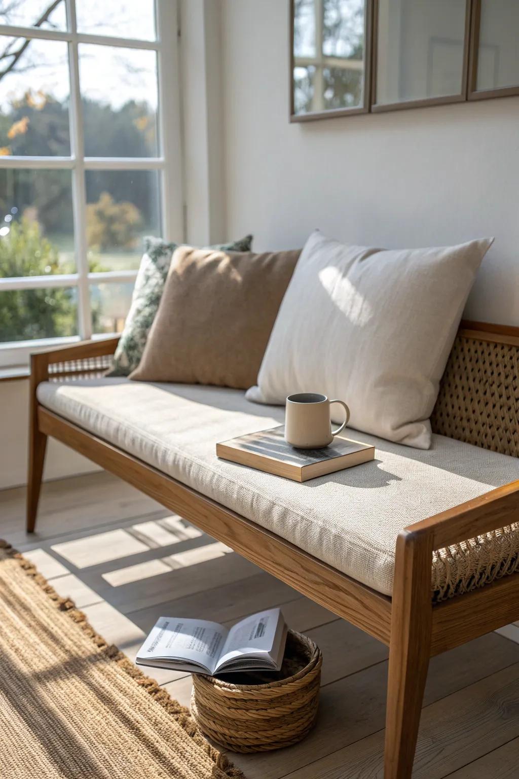 A slim bench behind a floating sofa adds a stylish drop zone without visual bulk.
