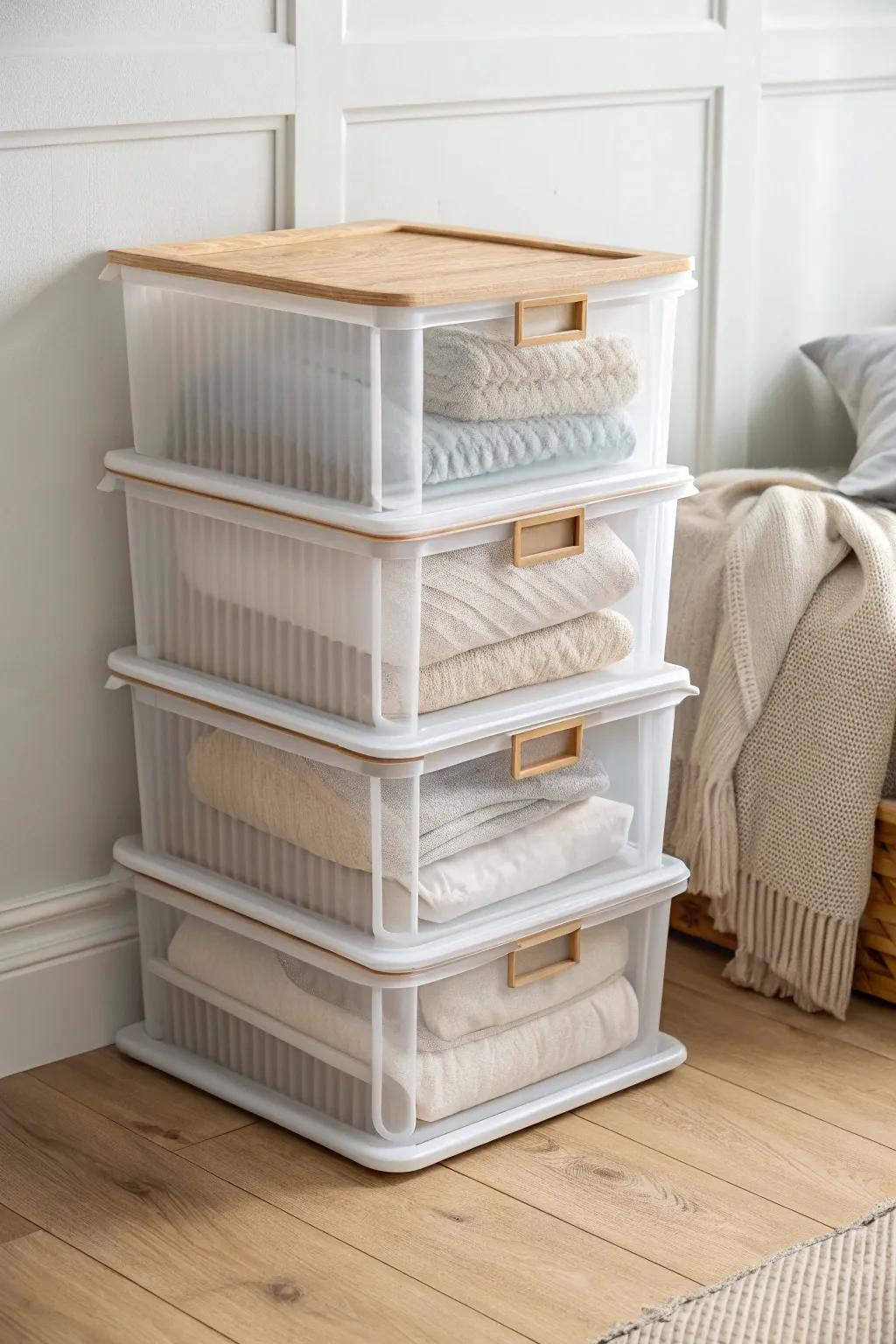 Stackable under-bed bins that use every inch of dorm space—tidy, calm, and easy to grab.