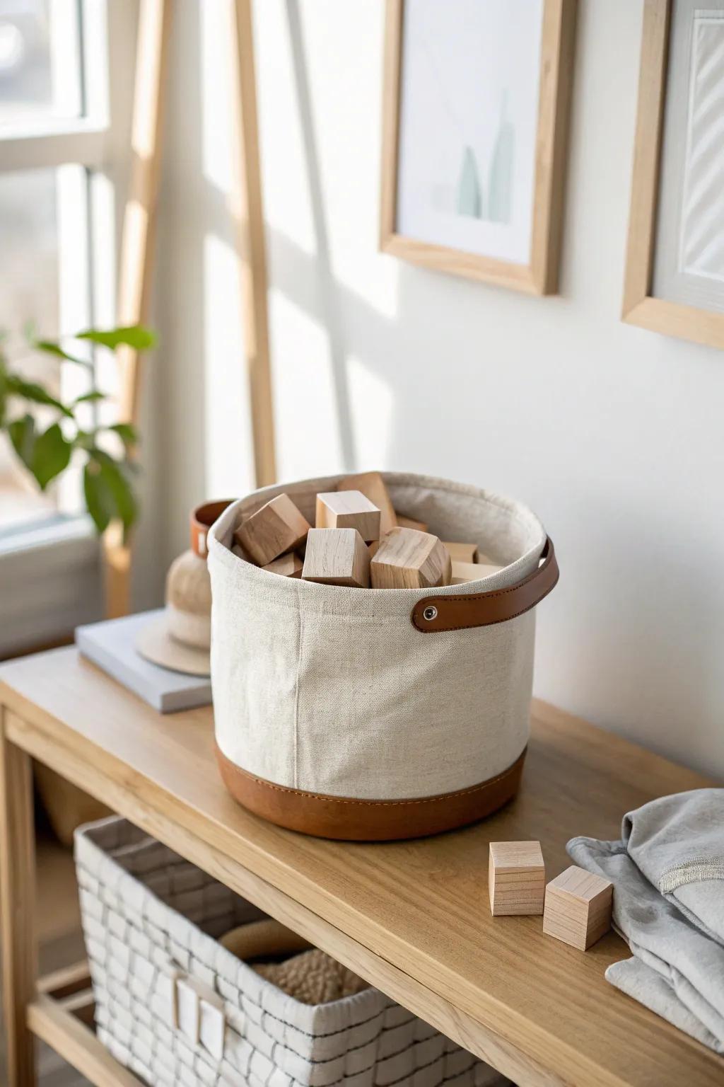 Small bins = easy sorting: a chic mini basket that keeps tiny toys from taking over.