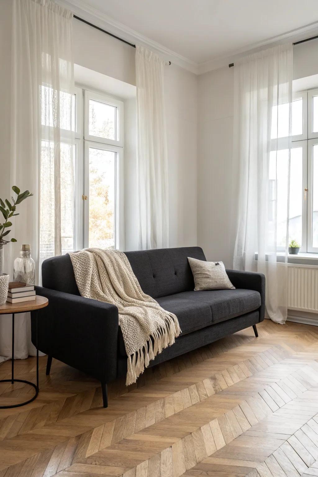 A deep black sofa that anchors a small space—dramatic, airy, and effortlessly minimal.