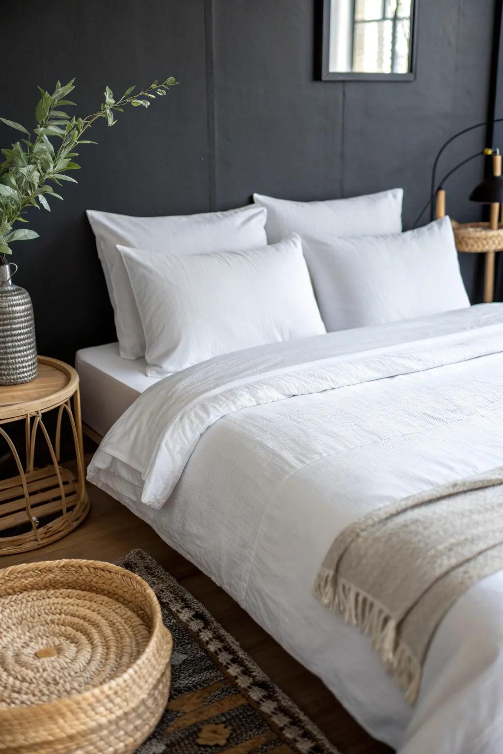 Crisp white linen bedding pops against black walls—instant contrast that makes small rooms feel airy.