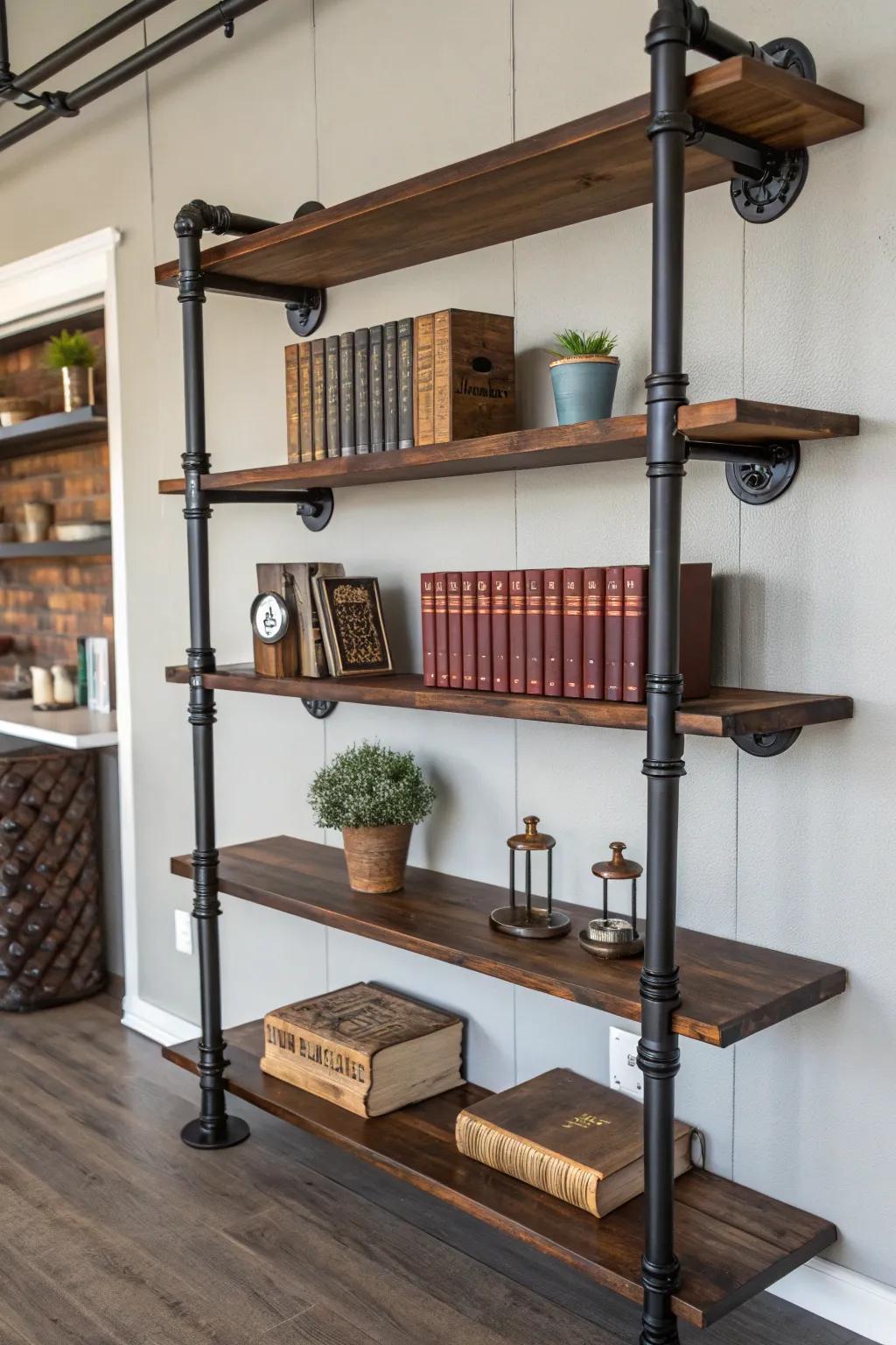 Elevate your space with industrial charm: a black pipe shelving unit that blends functionality with style.