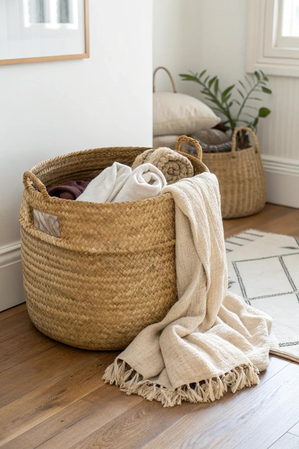 Oversized floor basket: the prettiest quick clean-up for cozy blankets in small spaces.