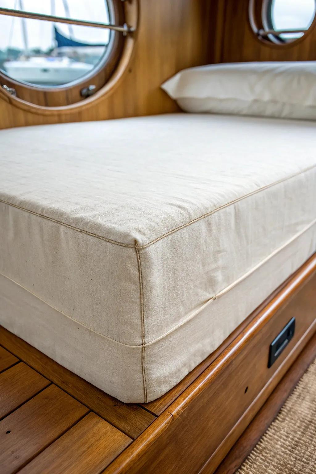 A custom V-berth fitted sheet with deep pockets keeps corners smooth—even at the tapered foot.