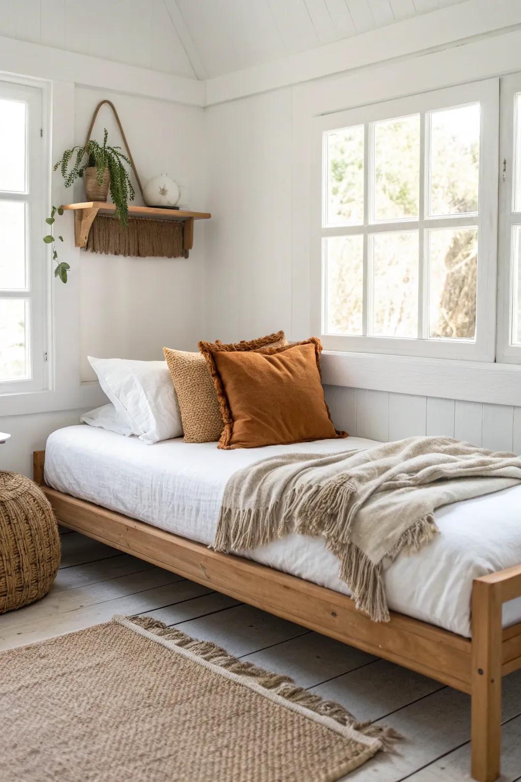 Crisp white daybed styling warmed with terracotta, sand and olive layers for small spaces.