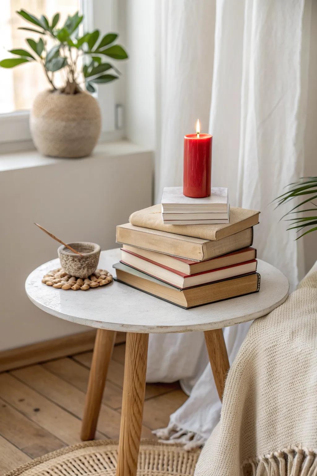 Turn a tiny side table into a styled moment—stack books to lift candles or lamps.