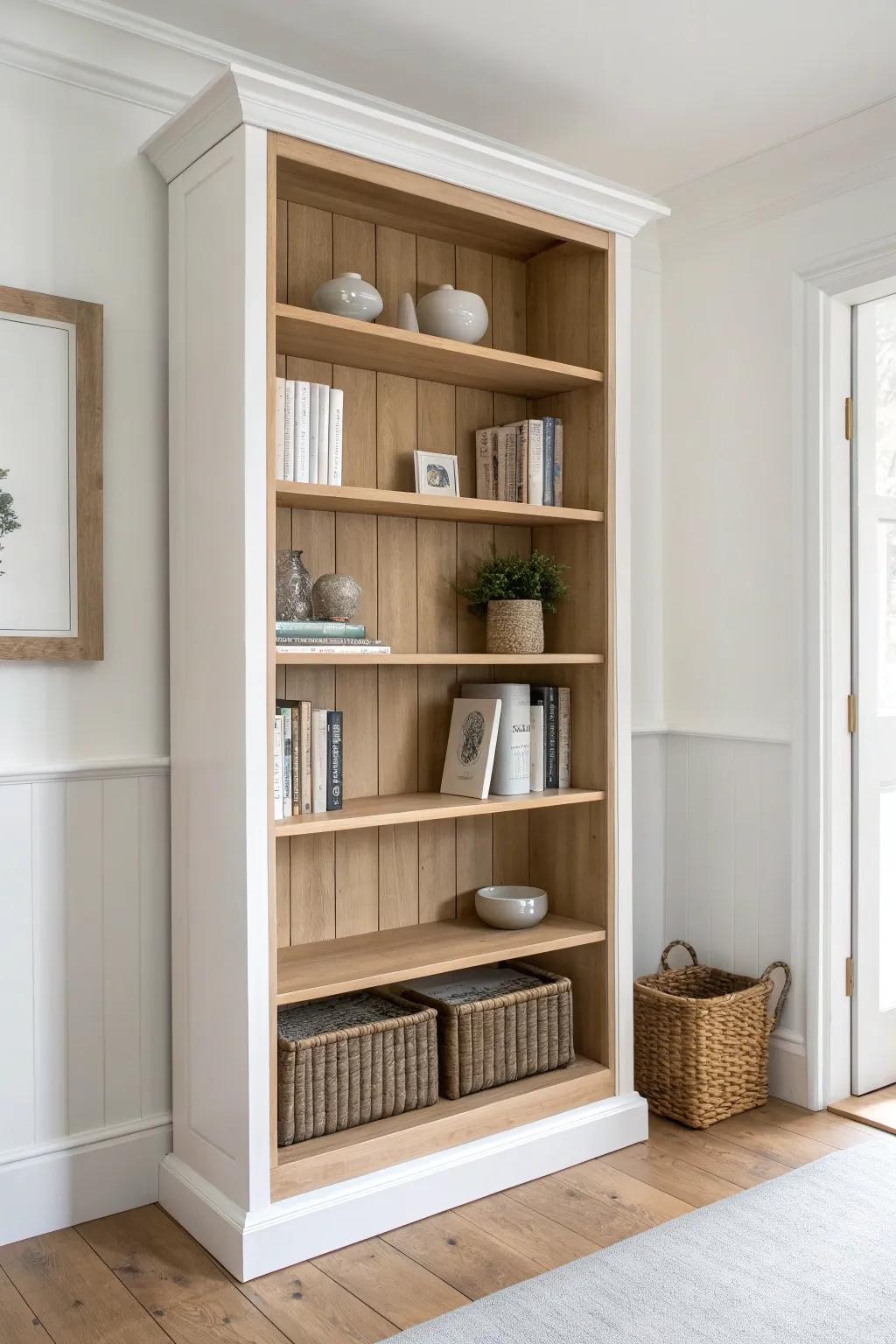Rental-friendly built-in vibe: one trimmed bookcase styled with calm neutrals for a seamless wall.