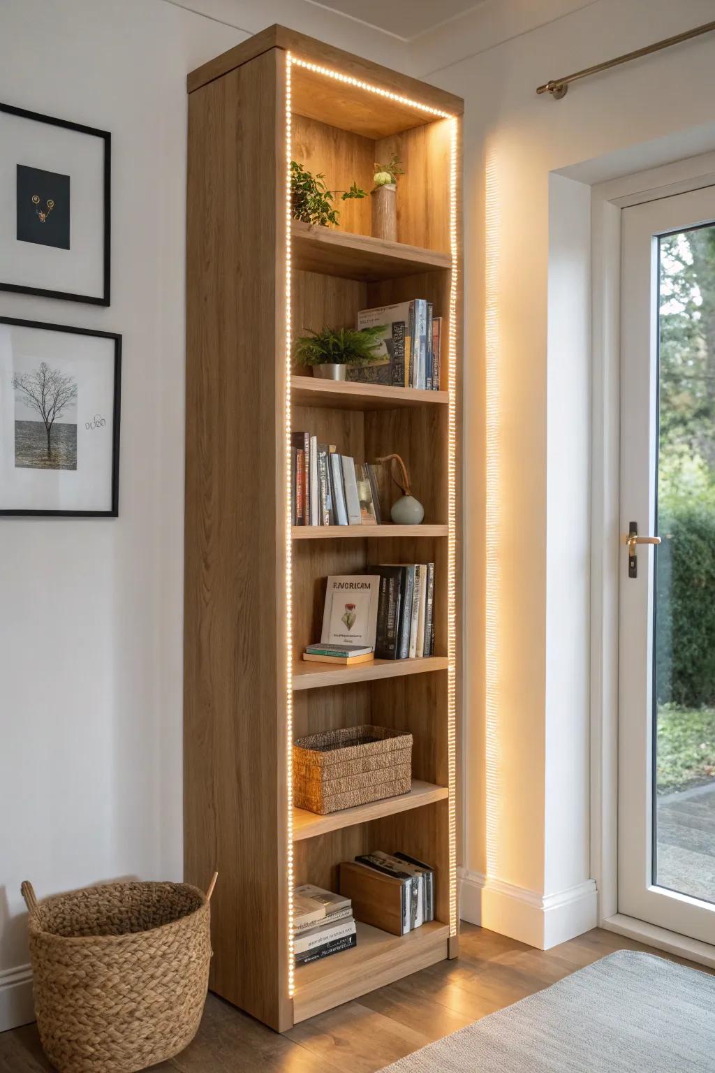 Warm LED strips under each shelf create a cozy, even glow for small-space bookcases.