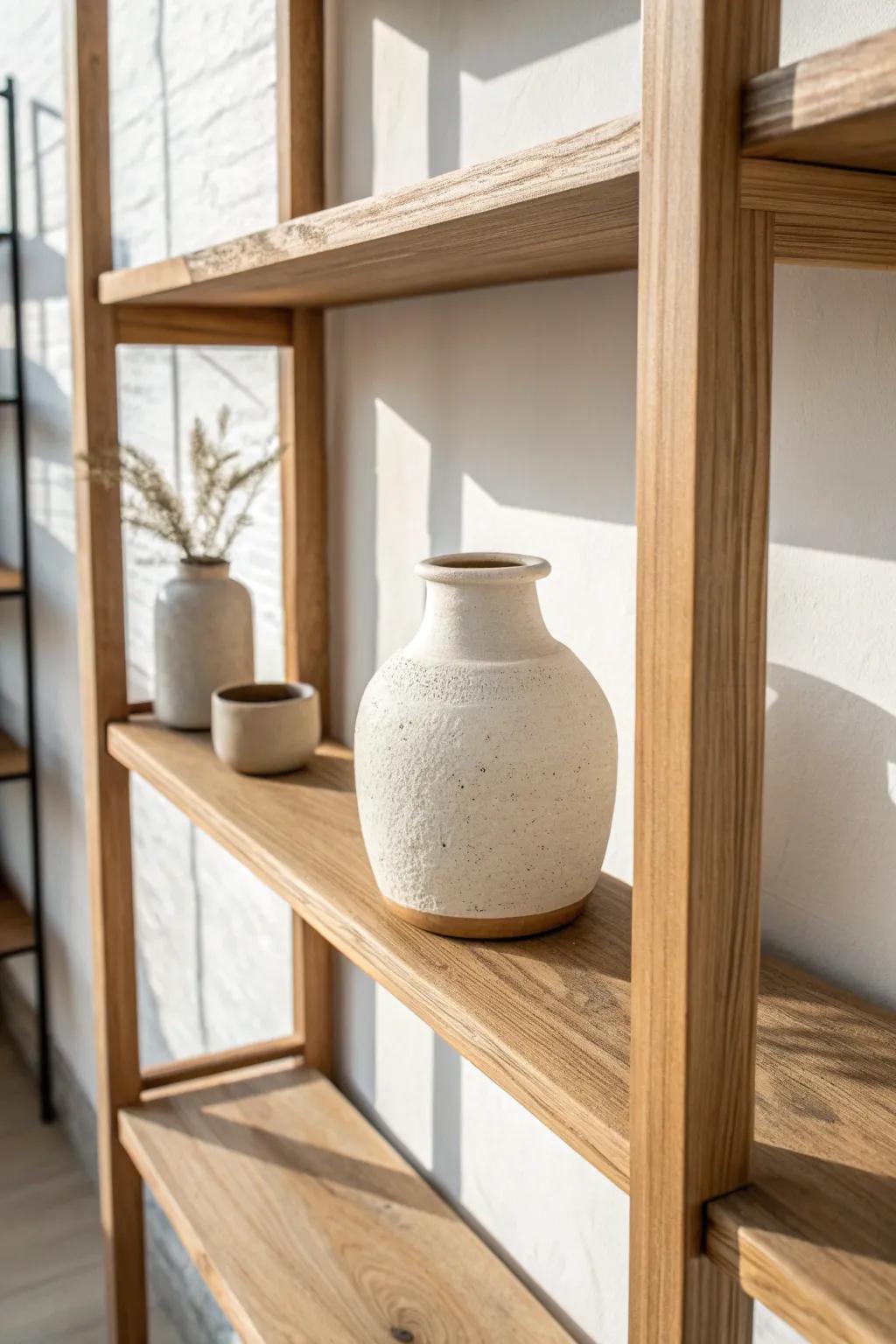 Let one handmade piece breathe—negative space makes your bookshelf look calm and luxe.