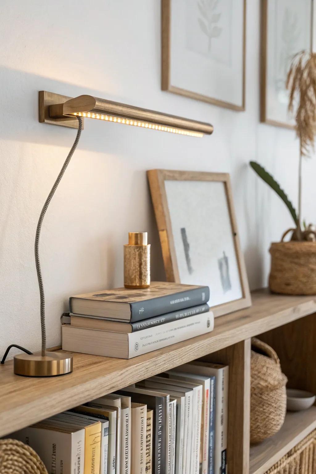 A slim top-mounted picture light adds a custom built-in look—plus a warm, cozy glow.