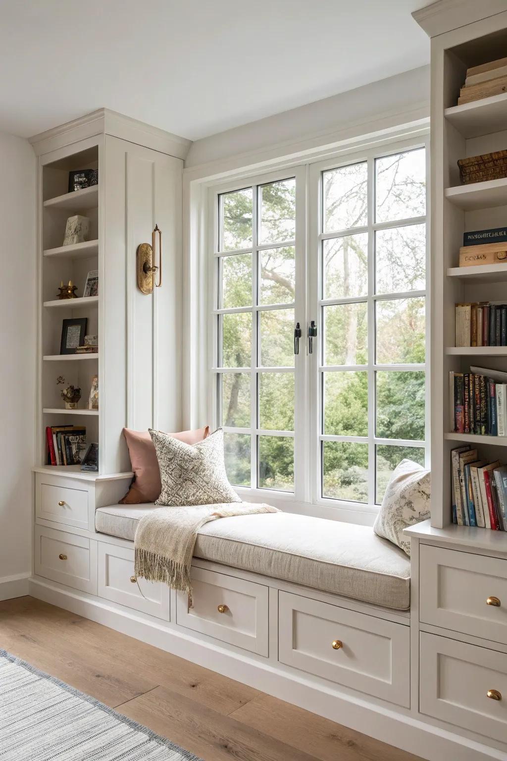 A cozy window seat framed by built-in shelves—plus hidden drawers for extra storage.