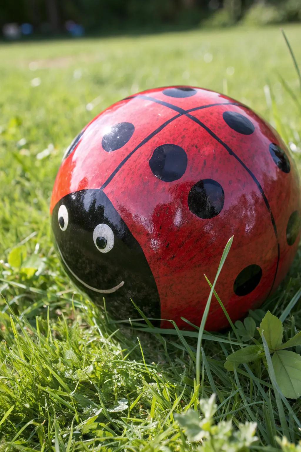Transform your garden with this charming ladybug creation, crafted from a bowling ball!