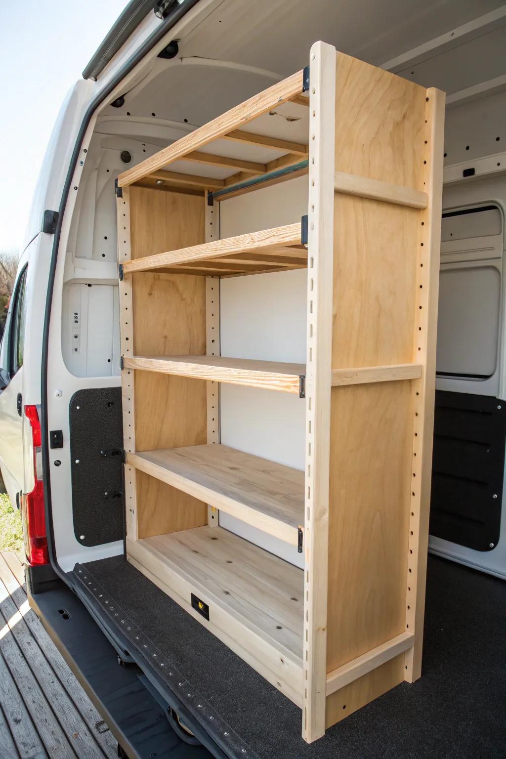 Adjustable shelf bay for a box truck—shift the pins, change shelf heights, save rebuild costs.