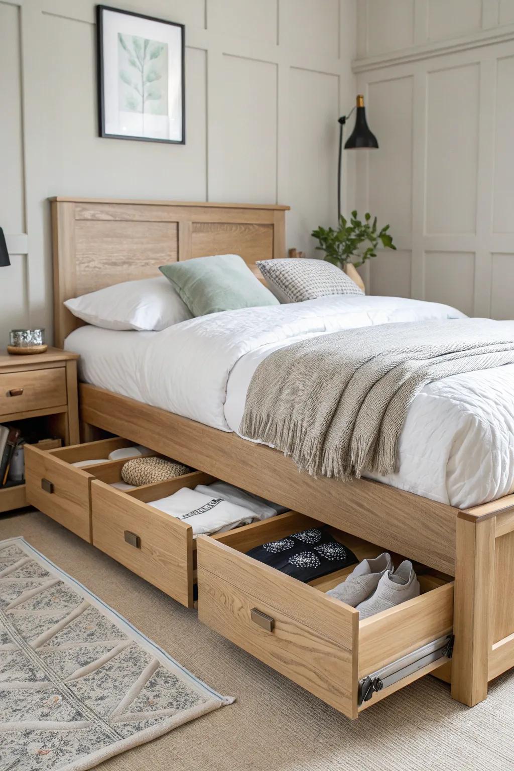 Built-in drawer bed = dresser-free storage for socks, PJs and sports gear in small boys’ rooms.