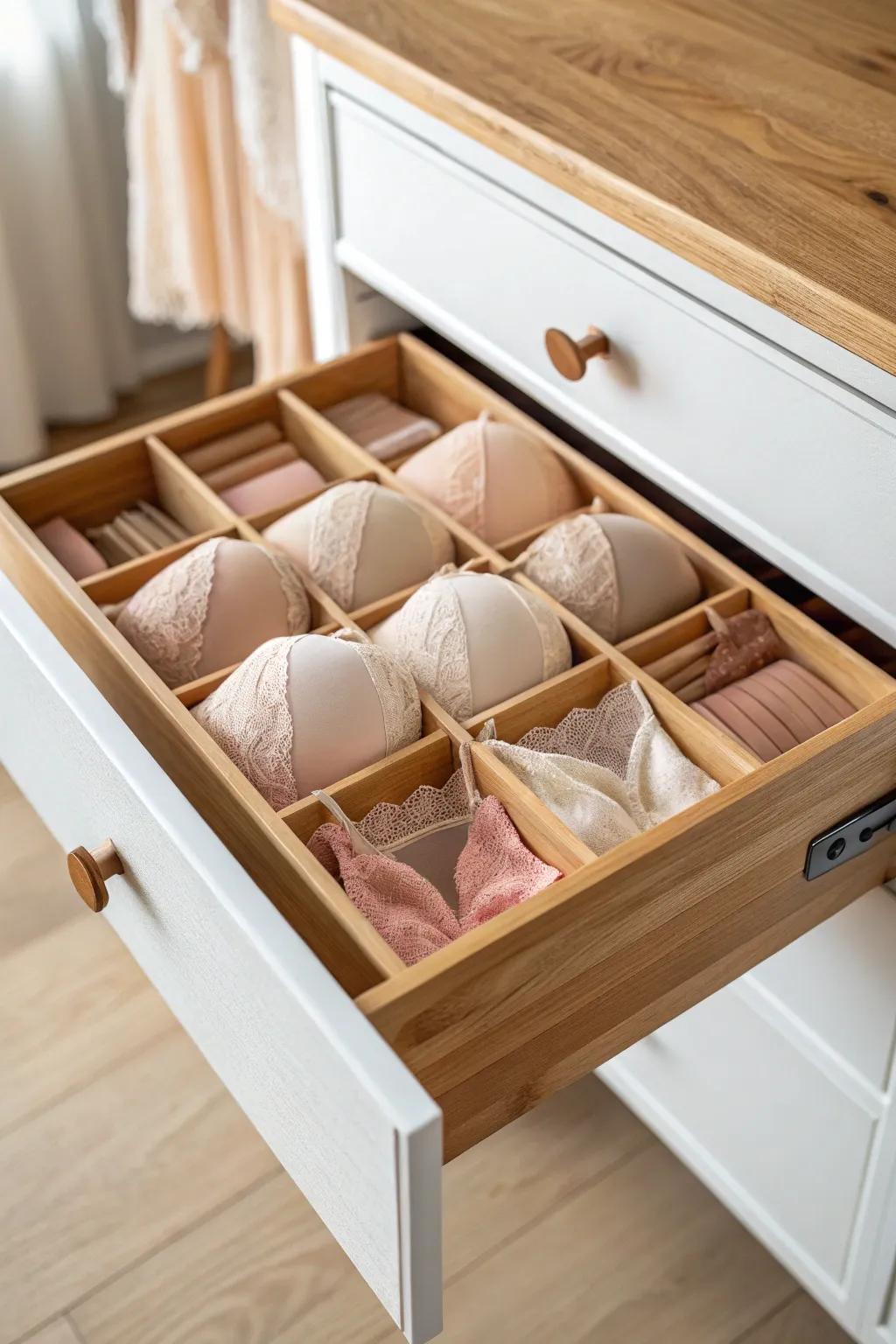 Drawer dividers give each bra a neat parking spot—instant calm in a tiny dresser.