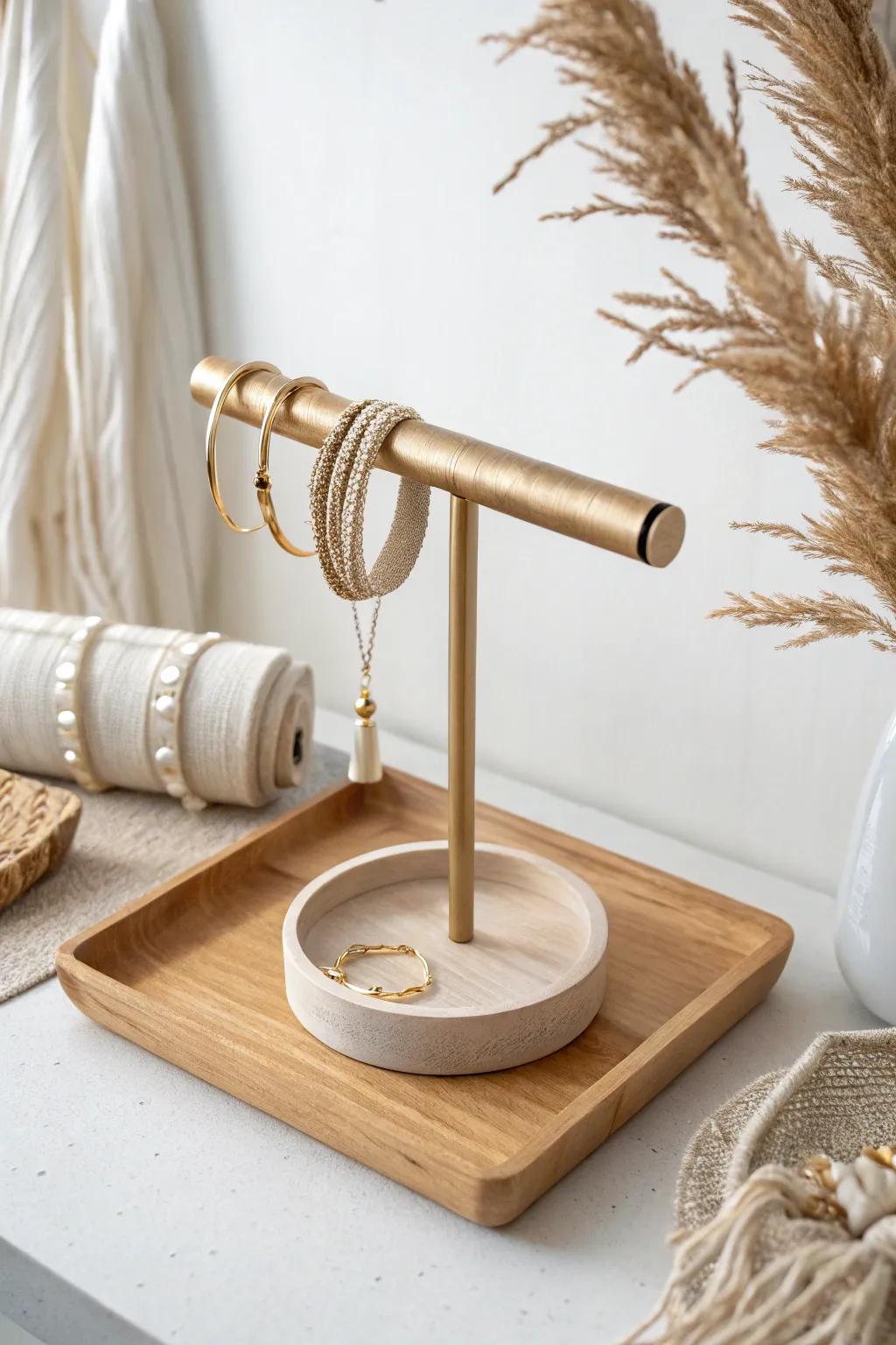 A sleek T-bar rod keeps bracelets separated, scratch-free, and beautifully displayed.