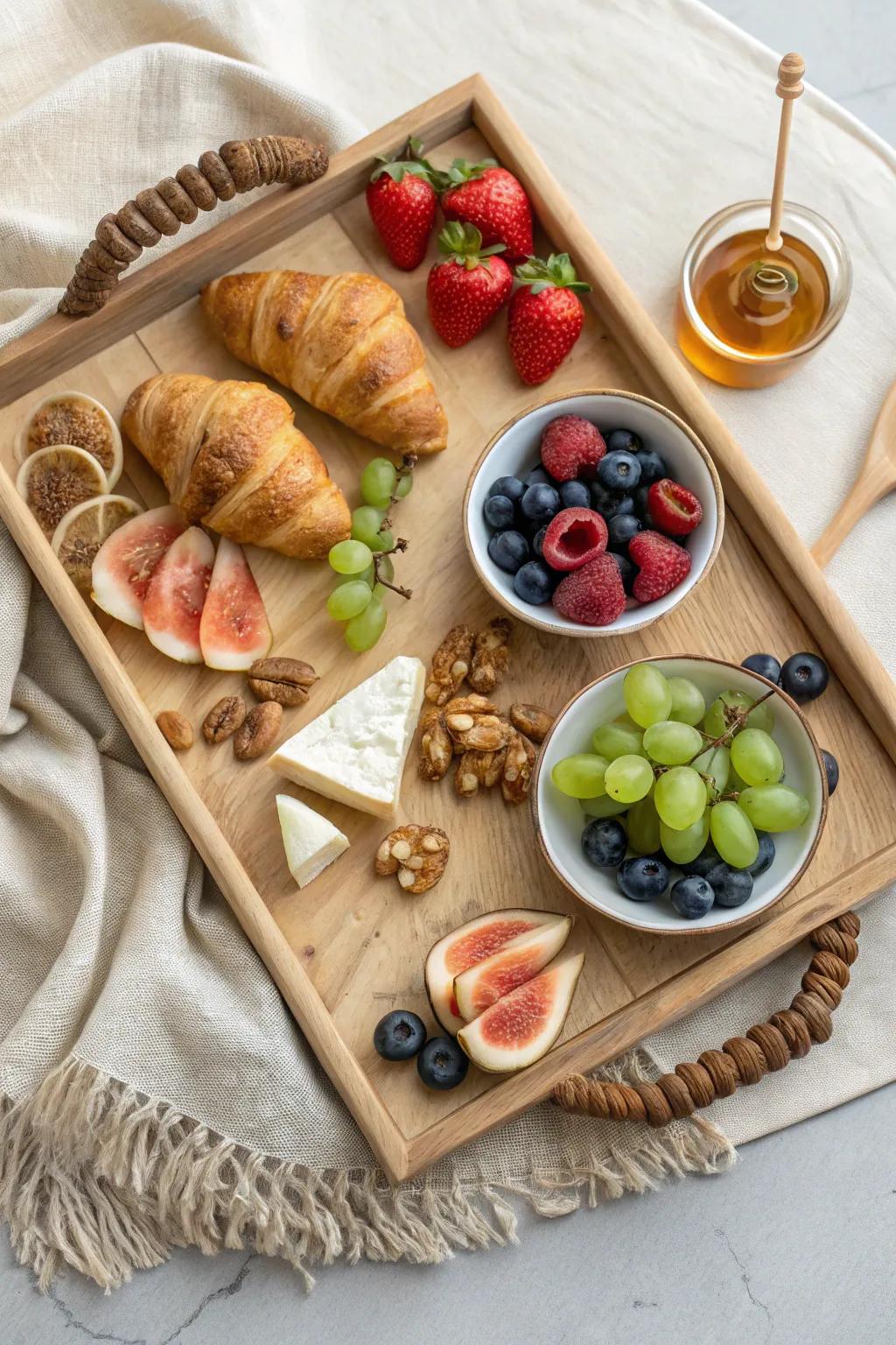 Grazing-style breakfast tray packed edge-to-edge—mini pastries, fruit, and savory bites.