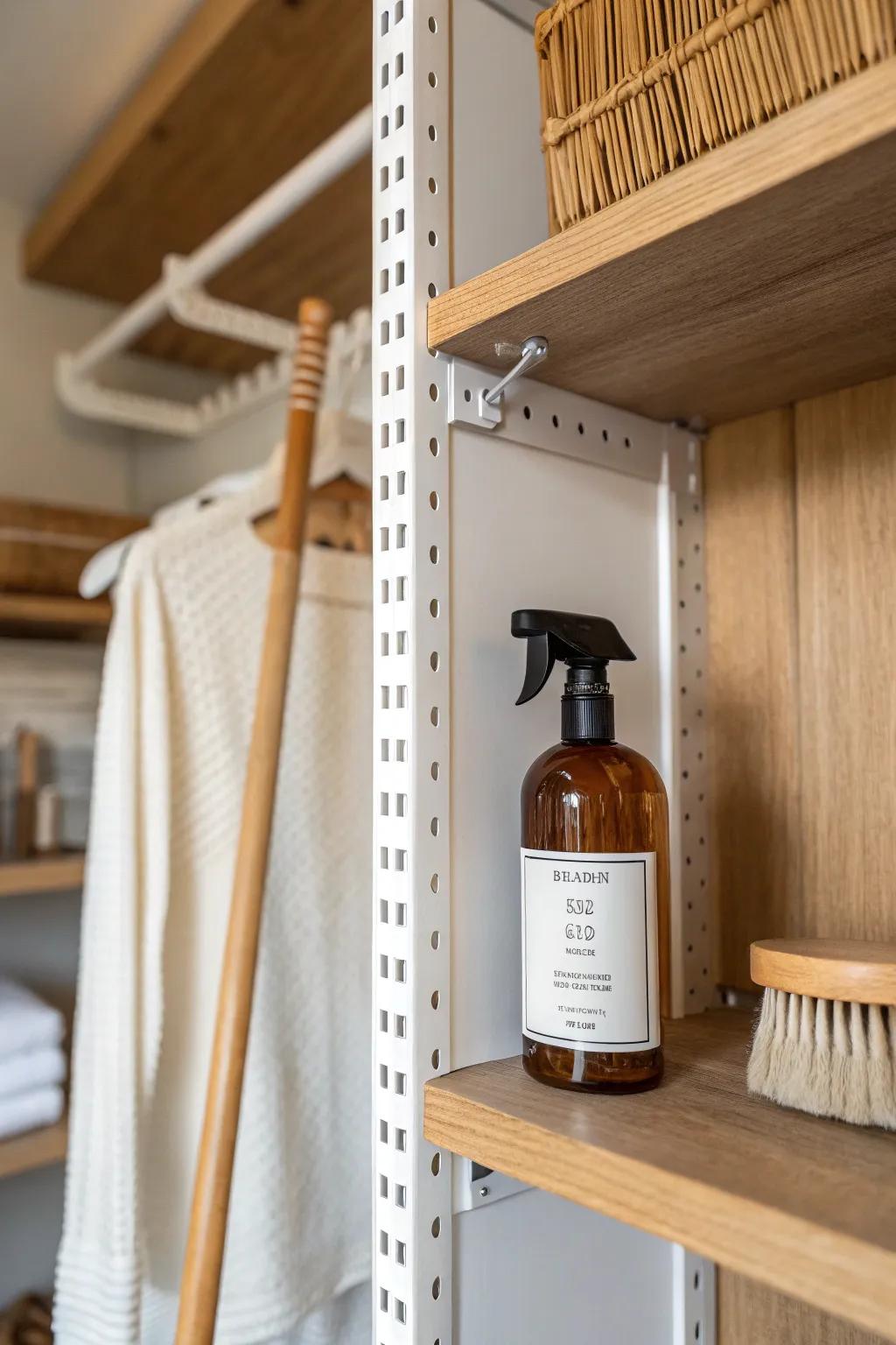 Adjustable shelves make a split broom closet easy—shift one notch as your supplies change.