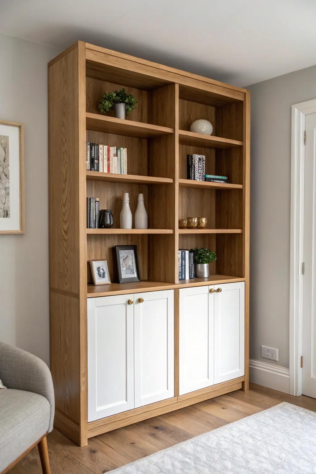 Floor-to-ceiling bookcase cabinets: hidden storage below, styled shelves above.
