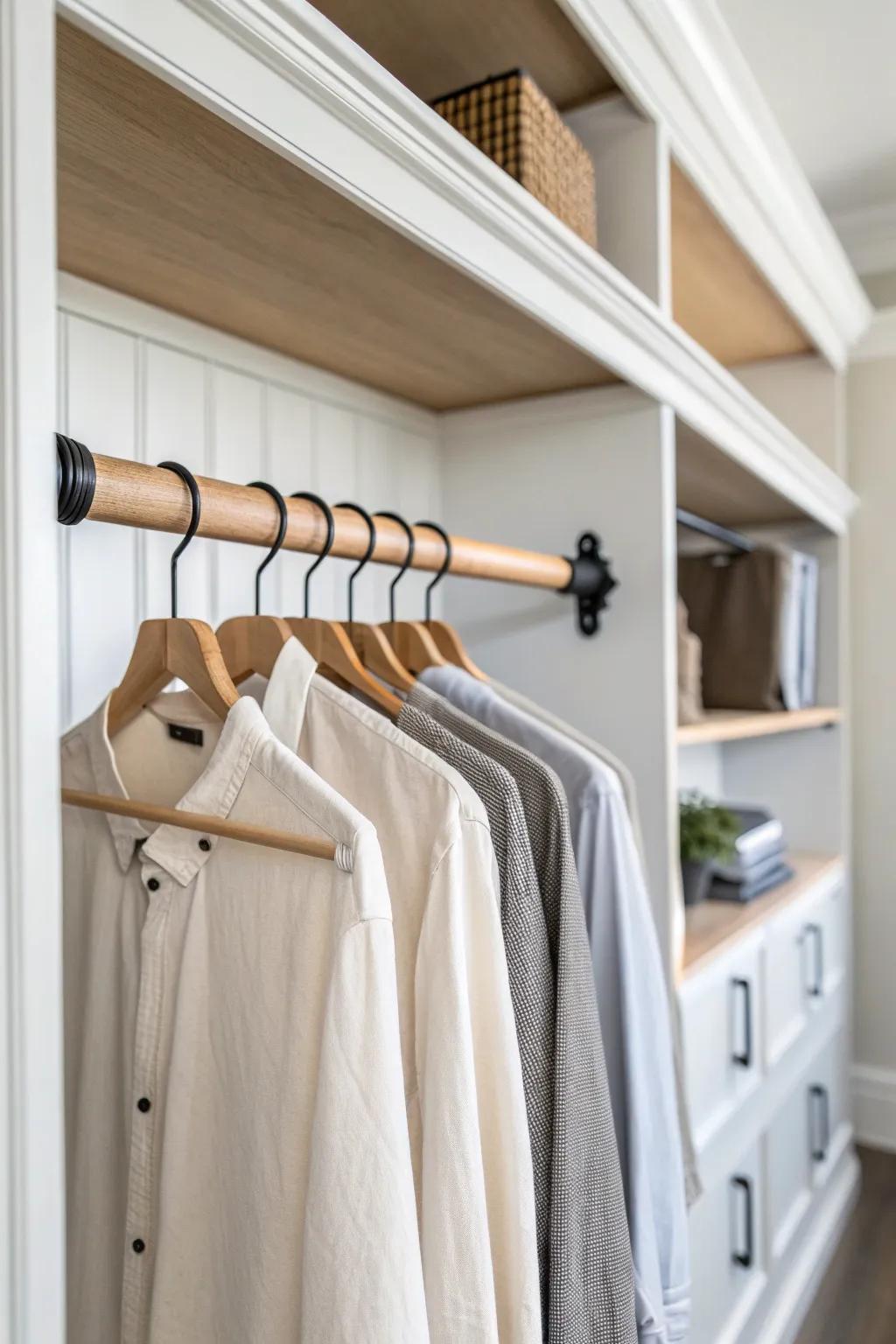 Double-hang rods turn a reach-in closet into twice the hanging space—no extra square feet.